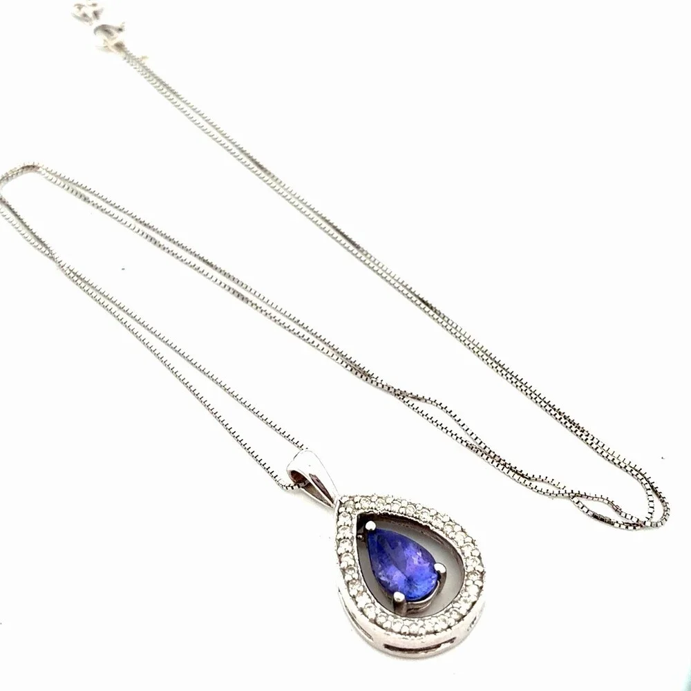 Designer RCI 14K White Gold Floating Tanzanite Pear Diamond Accent Halo Necklace